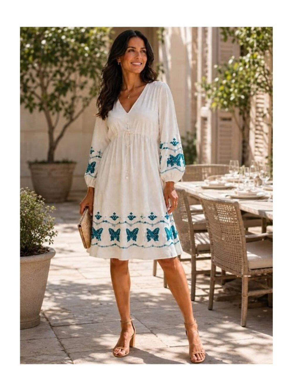 Super Natural Secret Mission Embroidered Linen Dress White Blue NWT M MSRP $398